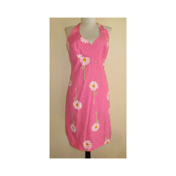 Lilly Pulitzer Pink Daisy Cotton Halter Summer Sundress Fully Lined Size 6 - Picture 1 of 9